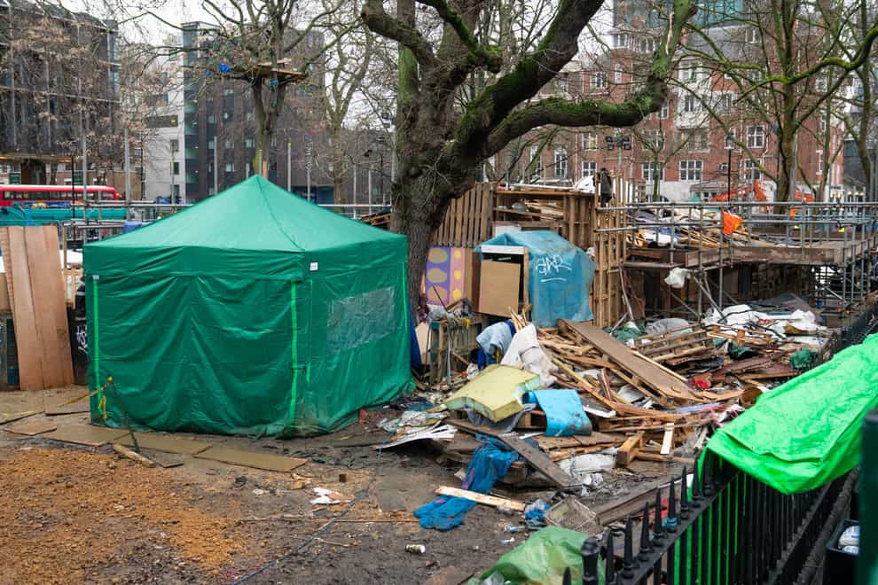 View of the HS2 Rebellion encampment in Euston Square Gardens in central London