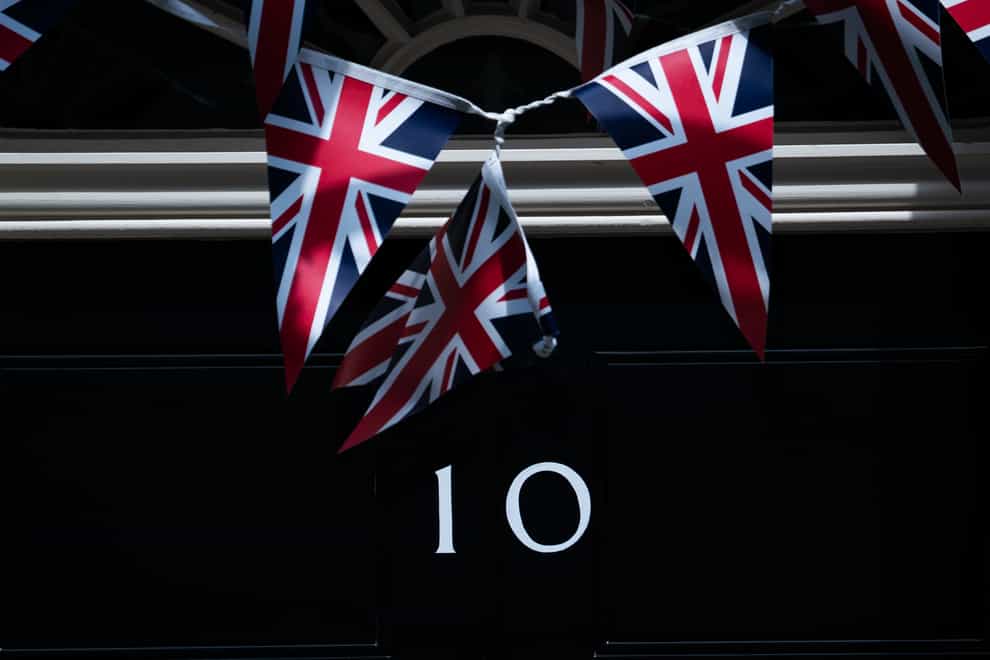 Union flag bunting on the front of No 10 Downing street