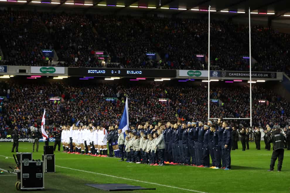 England and Scotland line up for the national anthem