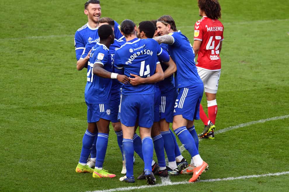 Cardiff celebrate Curtis Nelson's goal