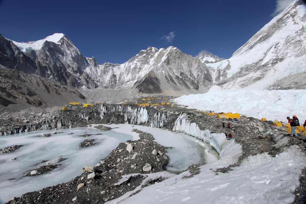 The Khumbu Glacier, with Mount Khumbutse, centre, and Khumbu Icefall, right, seen in the background, at Everest Base Camp in Nepal in 2015