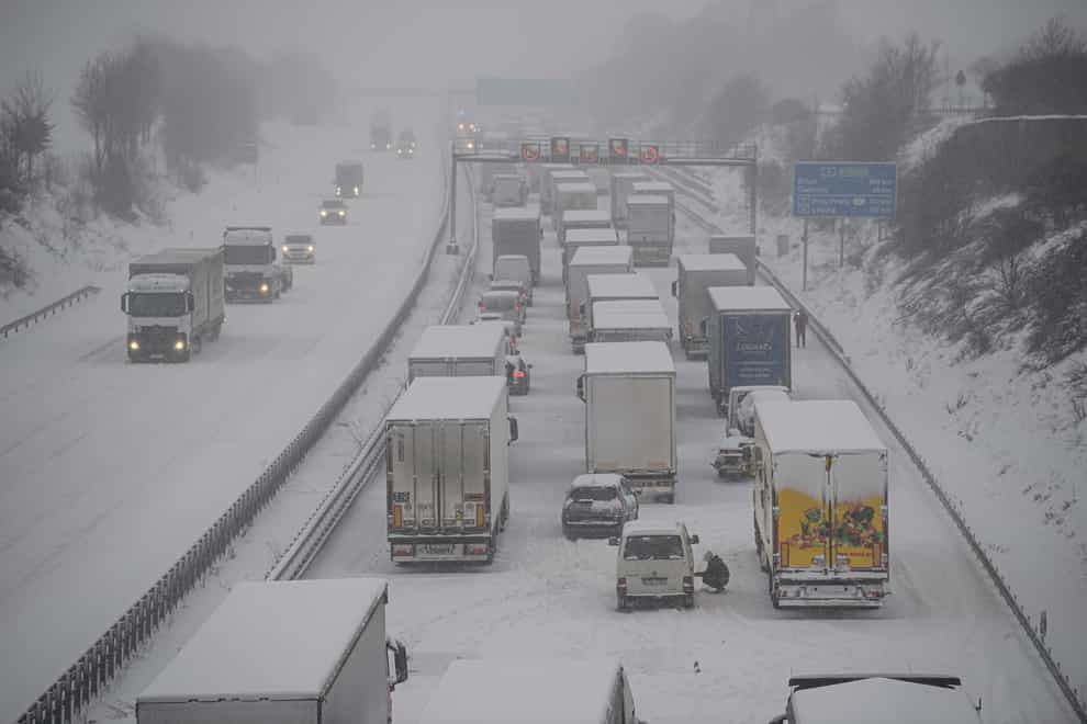 Vehicles stuck in a traffic jam in snowfall in Germany