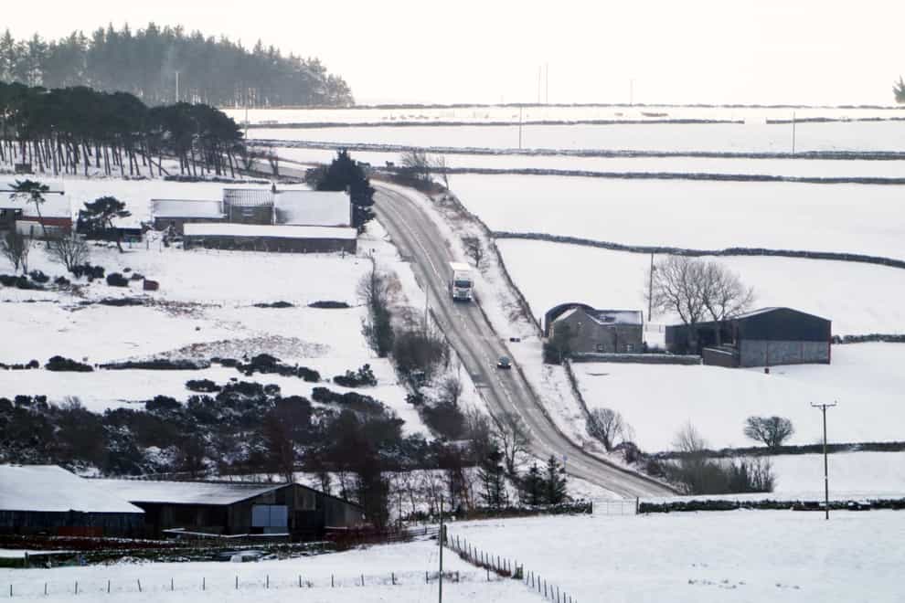 Snow covers fields near Castleside on the A68 in County Durham