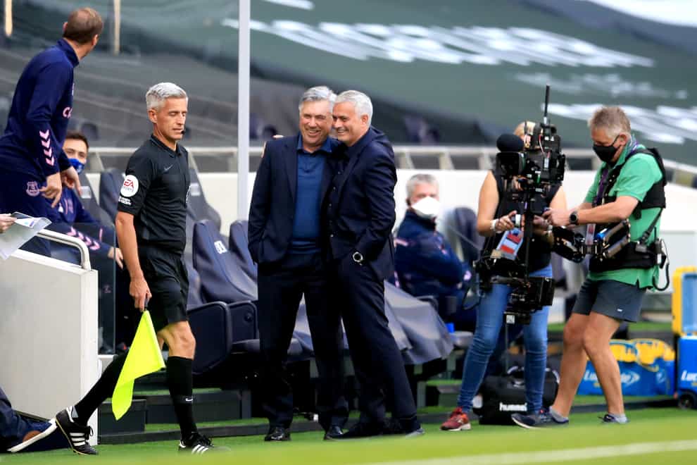 Everton manager Carlo Ancelotti, middle left, insists he is honoured to be compared to Jose Mourinho