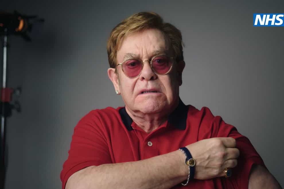 Sir Elton John as he stars, with Sir Michael Caine, in the new video to encourage people to get vaccinated against coronavirus
