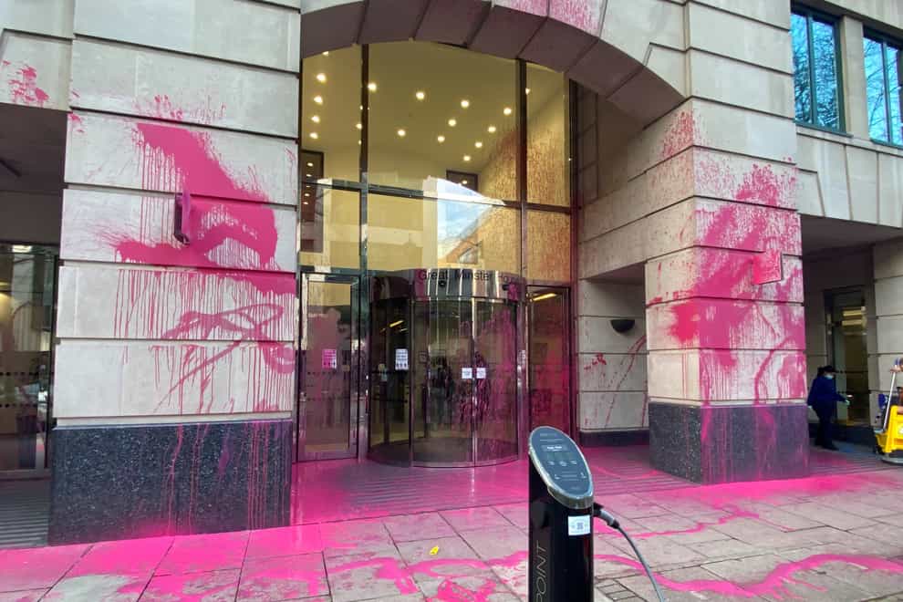 Pink paint on the front of the Department for Transport