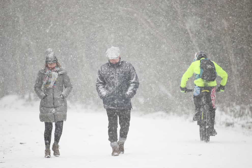 People walking through snow fall in Clowes Wood, Kent