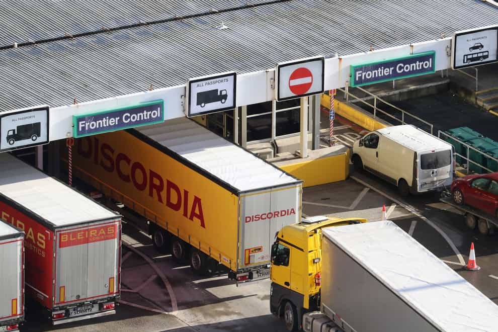 Lorries queue for the frontier control area at the Port of Dover in Kent
