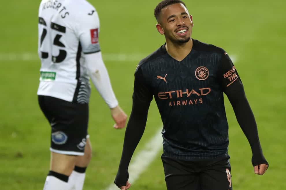 Gabriel Jesus celebrates after scoring in Manchester City's 3-1 win at Swansea