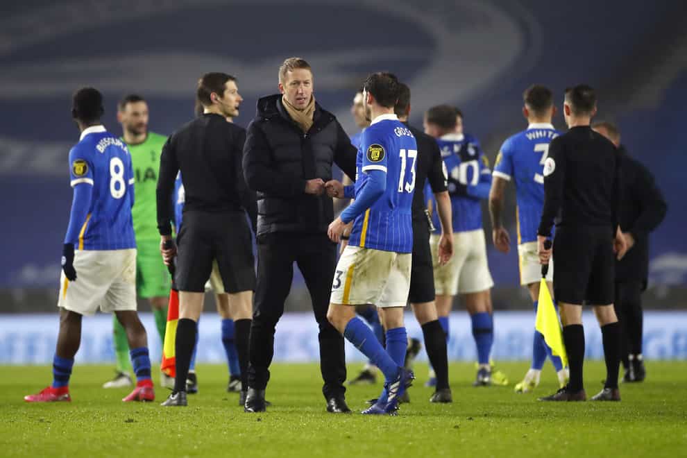 Graham Potter, centre, has won only six league games at home since he took over at Brighton in the summer of 2019