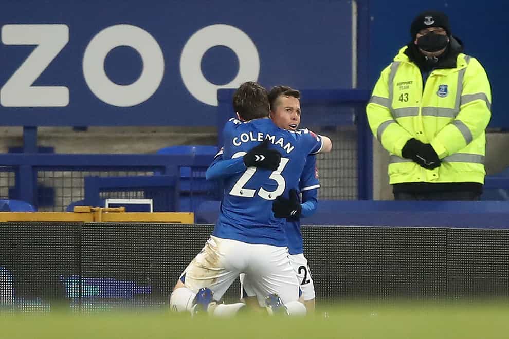 Everton’s Bernard (right) celebrates with team-mate Seamus Coleman after the fifth goal