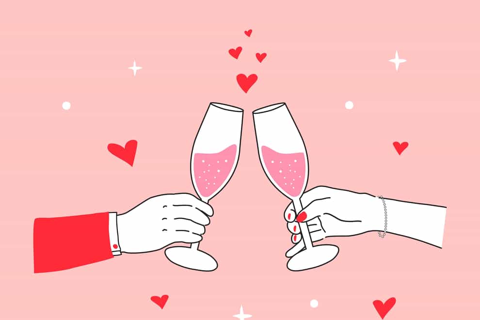 Illustration of two pink flutes celebrating Valentine's