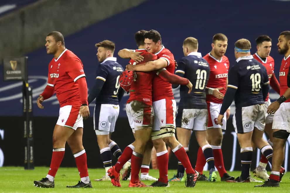 Wales players celebrate beating Scotland at Murrayfield
