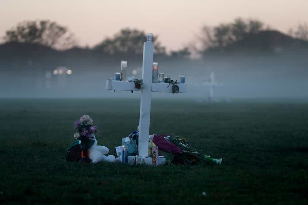 Seventeen memorial crosses placed for the 17 victims of the shooting at Marjory Stoneman Douglas High School in Parkland, Florida (Gerald Herbert/AP)