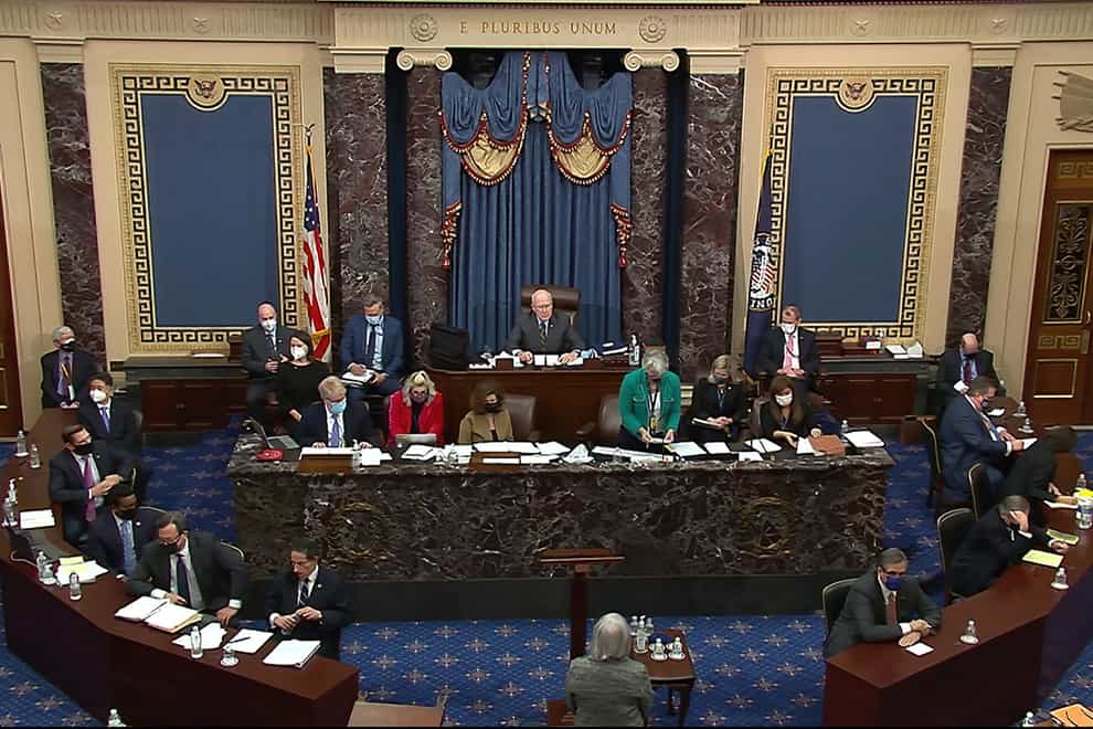 A screen shot of Donald Trump's impeachment trial in the Senate