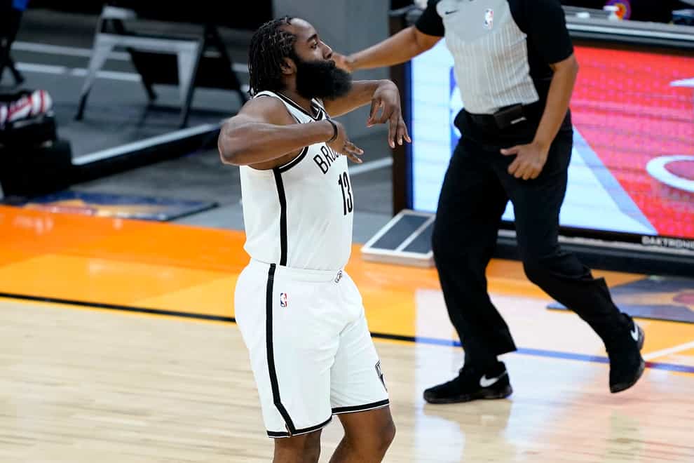 Brooklyn Nets guard James Harden celebrates a 3-pointer against the Phoenix Suns