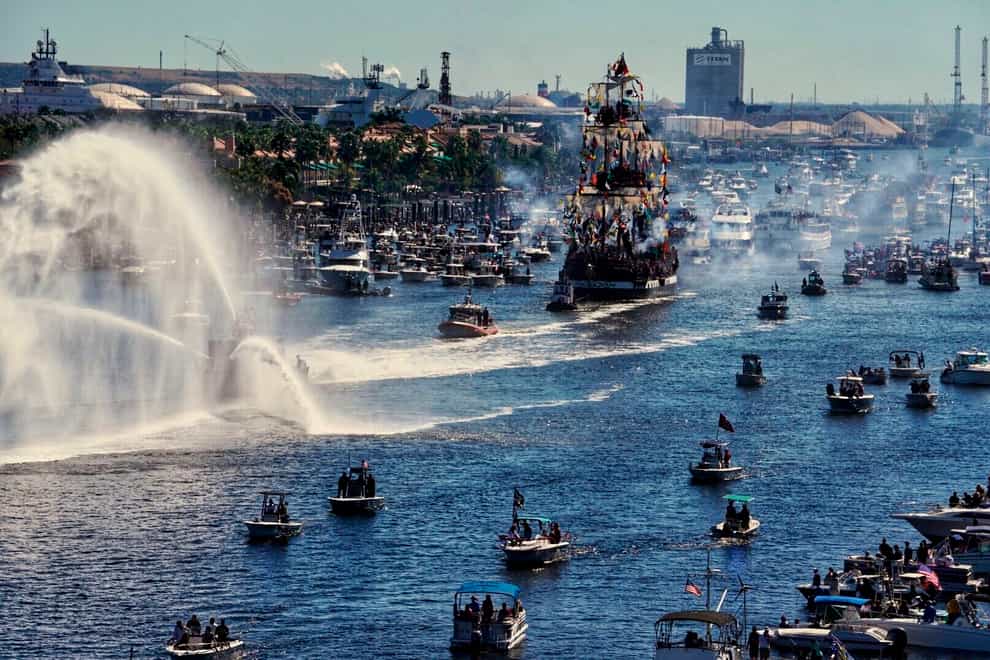 The pirate ship Jose Gasparilla bears down on Tampa, Florida in the 2020 parade (Tampa Bay Times/AP)