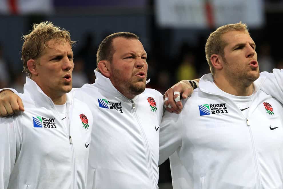 England captain Lewis Moody (left), Steve Thompson and James Haskill (right) line up for England