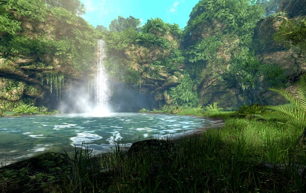 A lagoon and waterfall surrounded by greenery