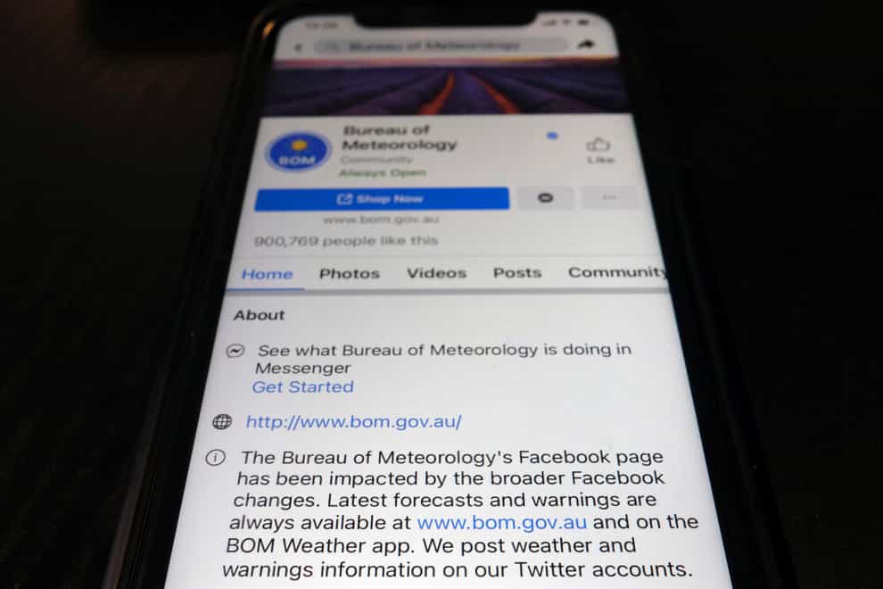 A disclaimer is shown on the bottom of Australia’s Bureau of Meteorology page on the Facebook app