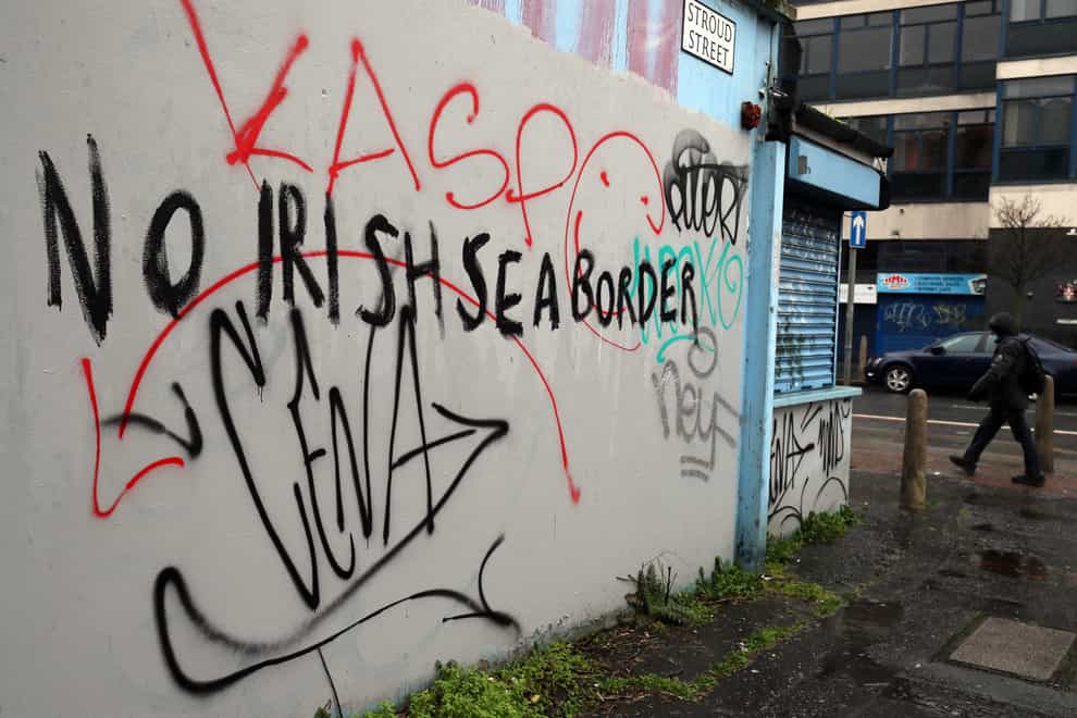Graffiti reading 'No Irish Sea border' in Belfast