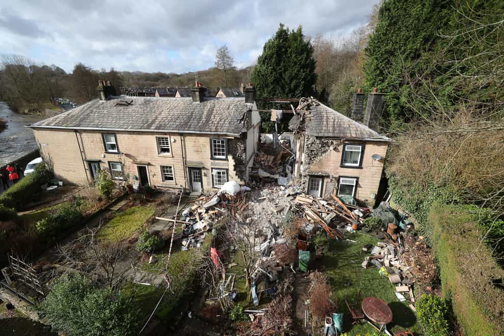 The scene in Ramsbottom, Bury, Greater Manchester, where the body of a woman has been found after a house collapsed on Wednesday evening