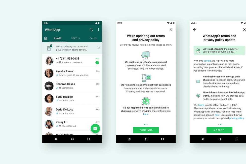 WhatsApp policy update screens
