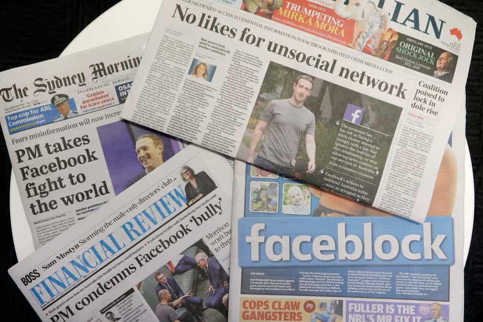 Front pages of Australian newspapers showing stories critical of Facebook on Friday