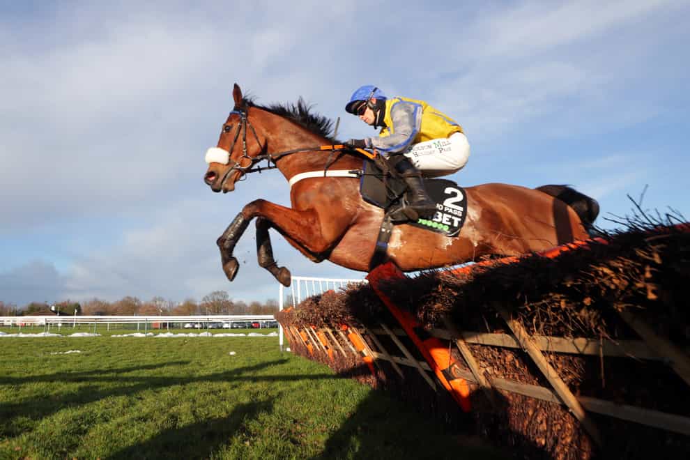 Navajo Pass, ridden by Sean Quinlan, on their way to winning the New One Unibet Hurdle during the Peter Marsh Chase Day at Haydock Park Racecourse