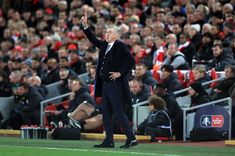 Everton manager Carlo Ancelotti gestures on the touchline at Anfield