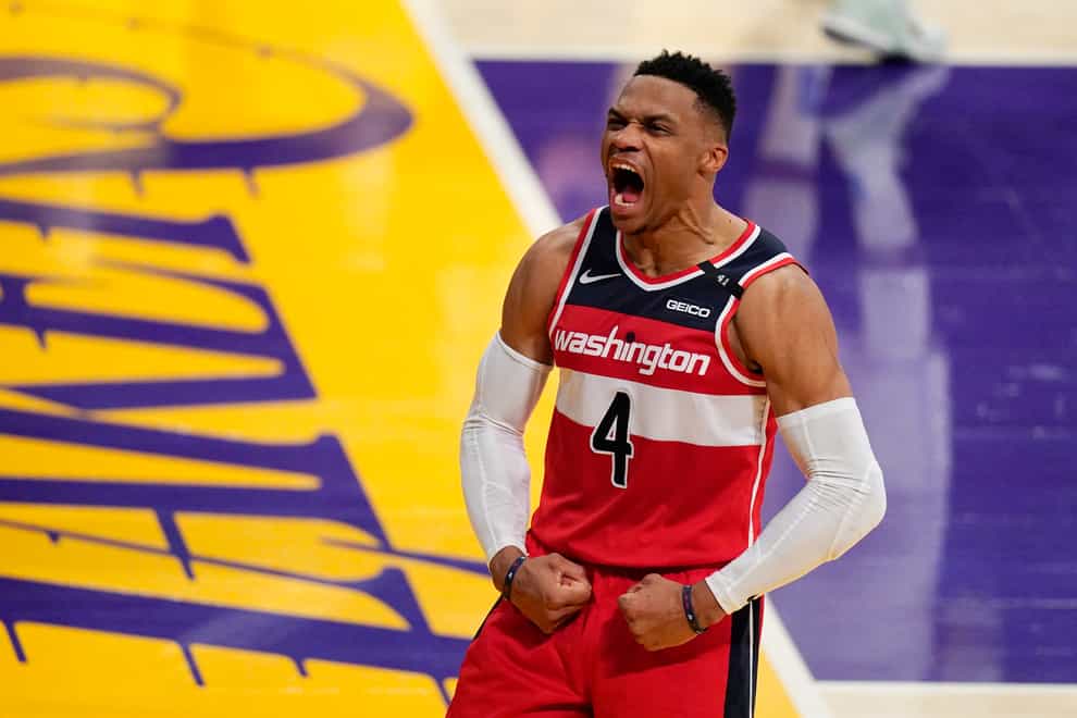 Washington Wizards guard Russell Westbrook celebrates against the Los Angeles Lakers