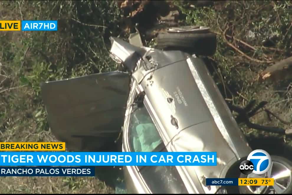 Tiger Woods's car on its side after the crash