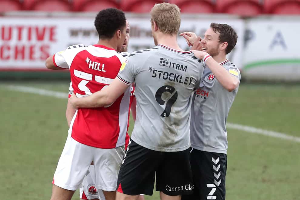 Charlton striker Jayden Stockley clashes with Fleetwood players