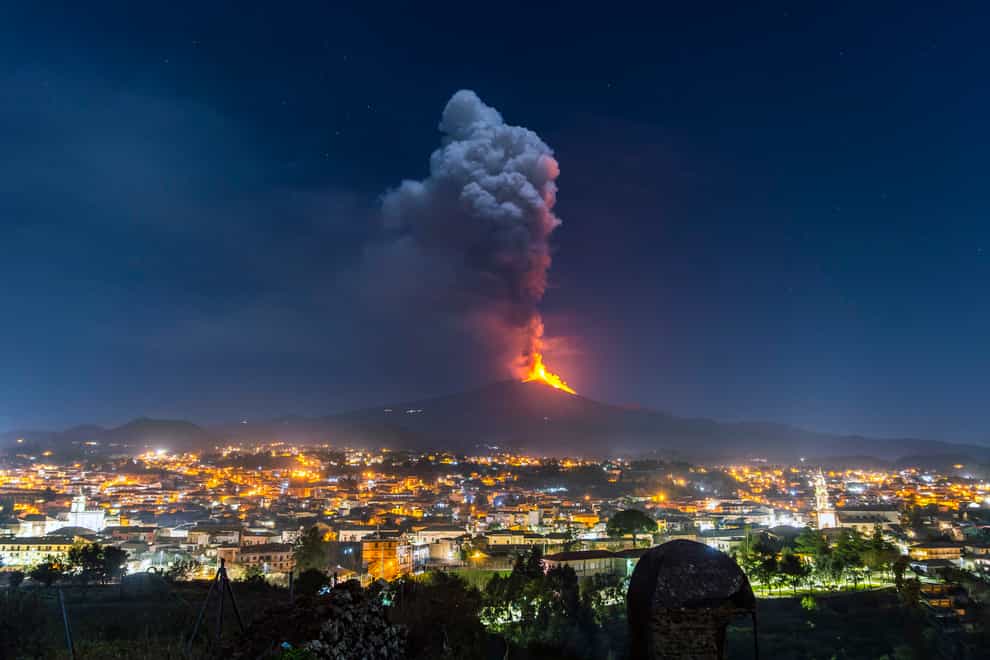 Flames and smoke billowing from Mount Etna