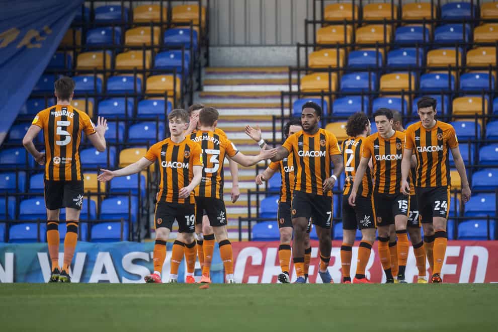 Hull players celebrate after Josh Magennis opened the scoring