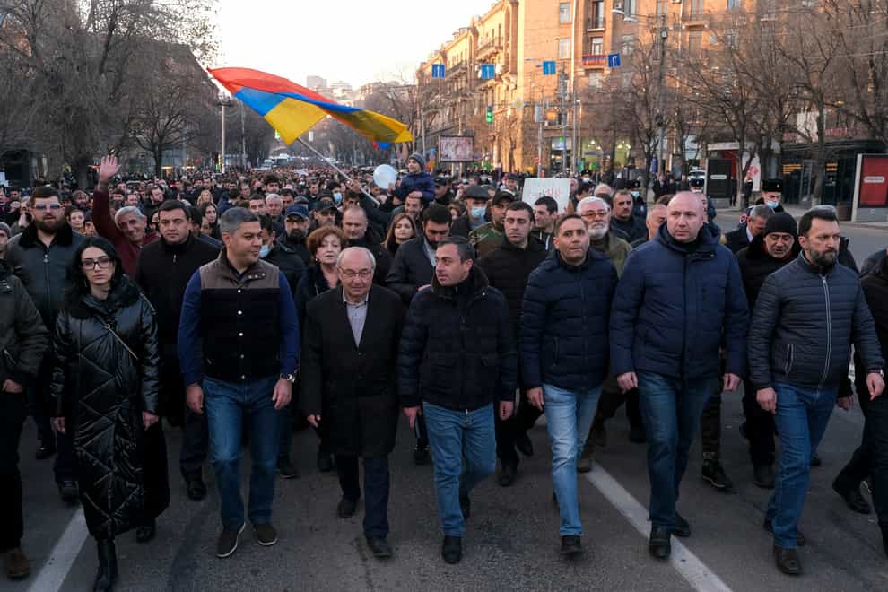 Opposition demonstrators during a rally to pressure Armenian Prime Minister Nikol Pashinyan to resign