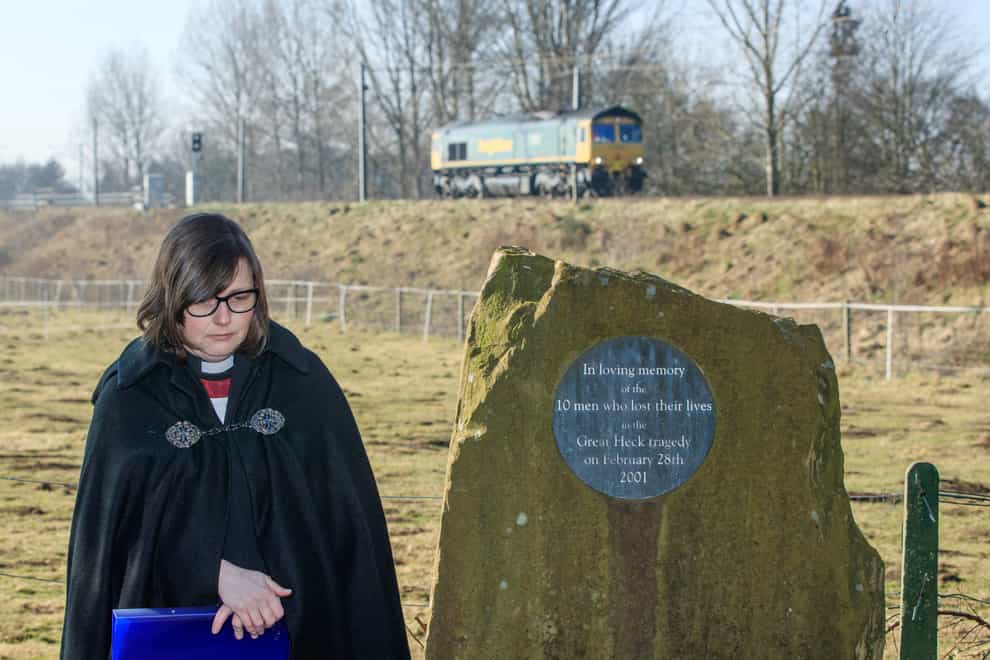 Eleanor Robertshaw, Team Rector of Great Snaith, during a memorial service at the Great Heck Rail Disaster Memorial Garden near Selby in North Yorkshire