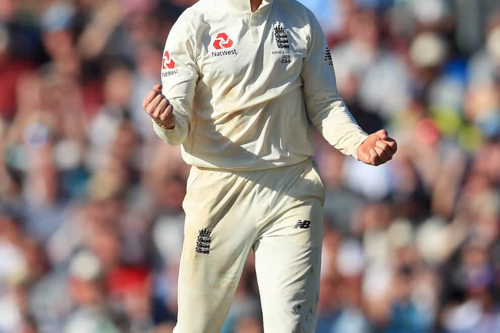 Jack Leach celebrates a wicket for England