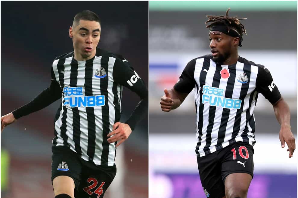 Newcastle's Miguel Almiron (left) and Allan Saint-Maximin have been ruled out until April