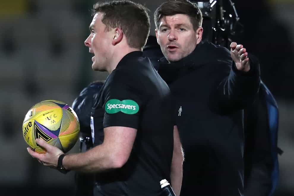 Rangers manger Steven Gerrard (right) confronts referee John Beaton