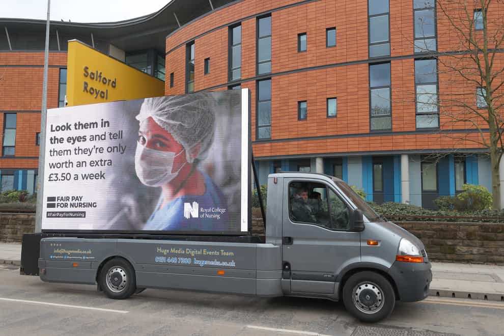 Digital ad board outside the Salford Royal Hospital, Manchester, by the Royal College of Nursing in response to the Government’s NHS pay proposal