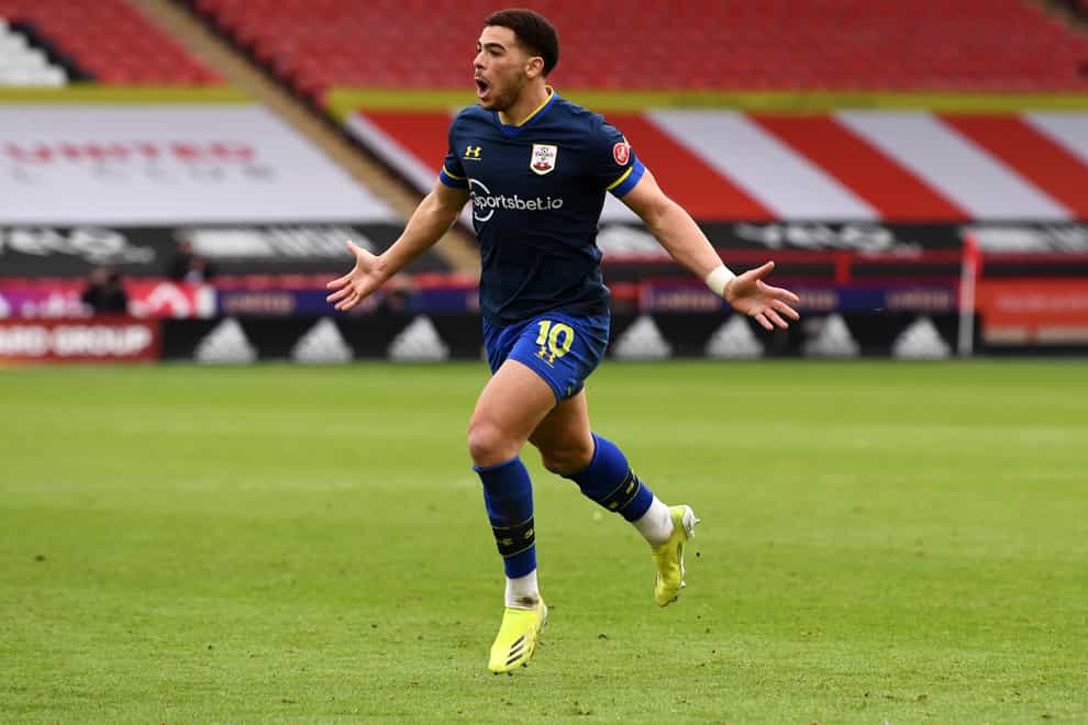 Former Blade Che Adams celebrates scoring Southampton's second goal against Sheffield United on Saturday.