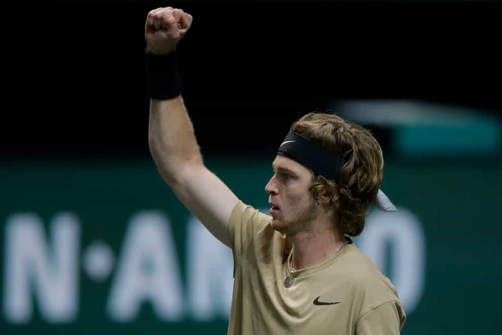 Andrey Rublev celebrates victory over Stefanos Tsitsipas in Rotterdam