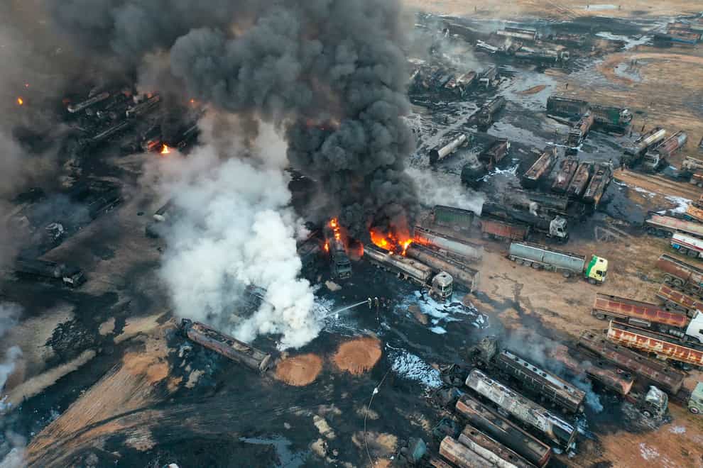 Burning oil tanker trucks in Syria