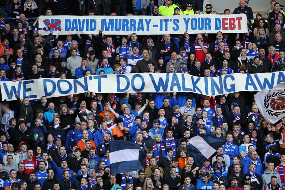 Rangers fans display banners at Ibrox