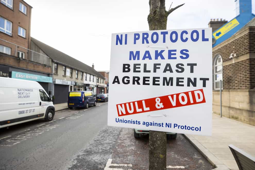 A sign by Unionists against the NI Protocol in Larne