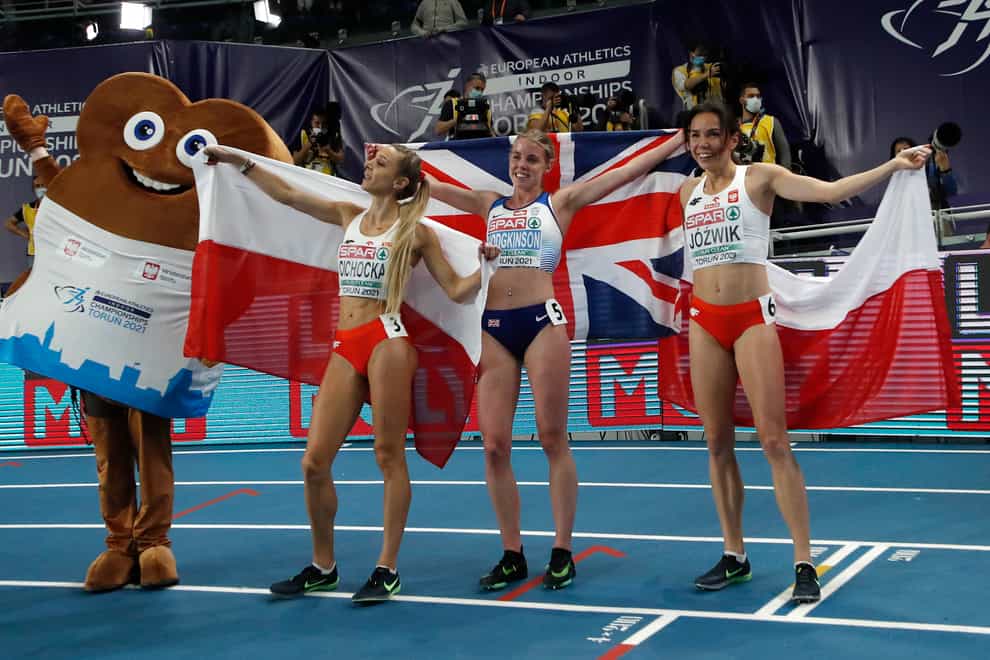 Keely Hodgkinson (centre) celebrates winning the 800 metres