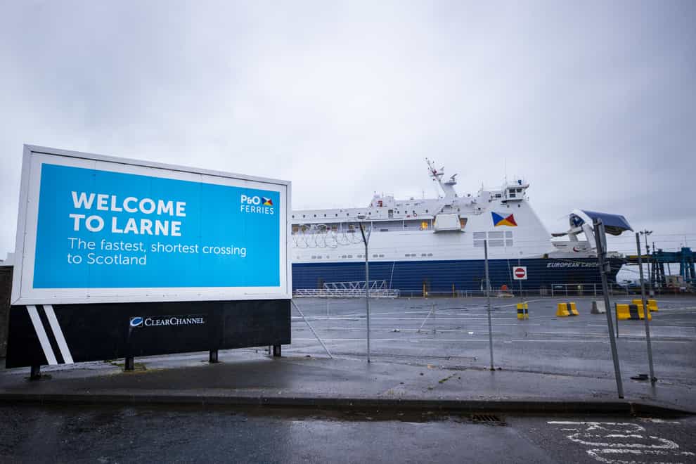 A 'Welcome to Larne' sign at the port