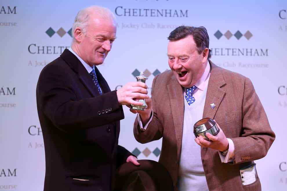 Willie Mullins (left) and Nicky Henderson with the Prestbury Cup at Cheltenham
