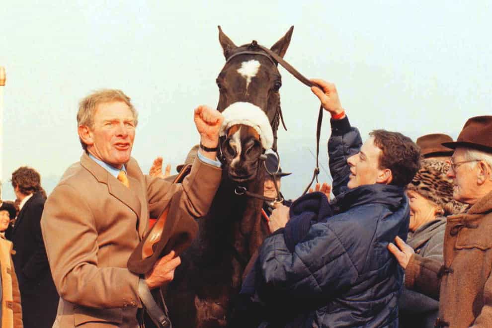 Arthur Moore (left) with Klairon Davis after his victory in the Queen Mother Champion Chase at Cheltenham in 1996